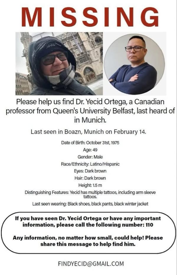 Dr. Yecid Ortega Missing: Authorities Seek Help to Find Colombian-Canadian Professor in Munich, Germany