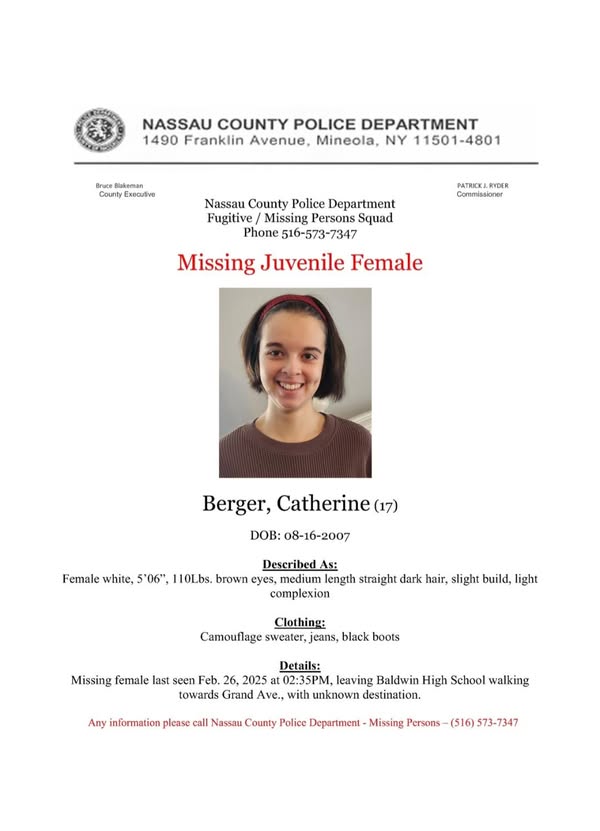 Missing Catherine Berger: 17-Year-Old Catherine Berger Disappears, Authorities Seek Public’s Help